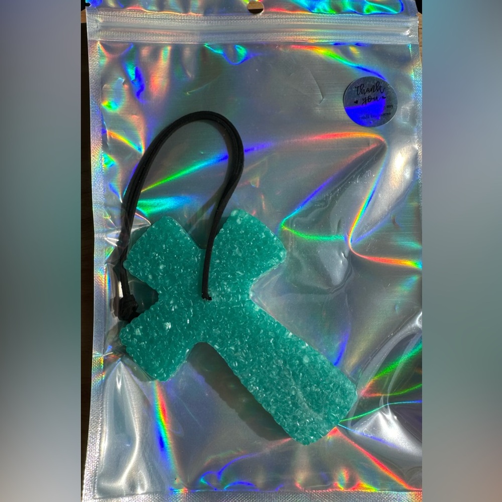 Teal Hanging Cross Car Freshie. Leather Scented. $10.